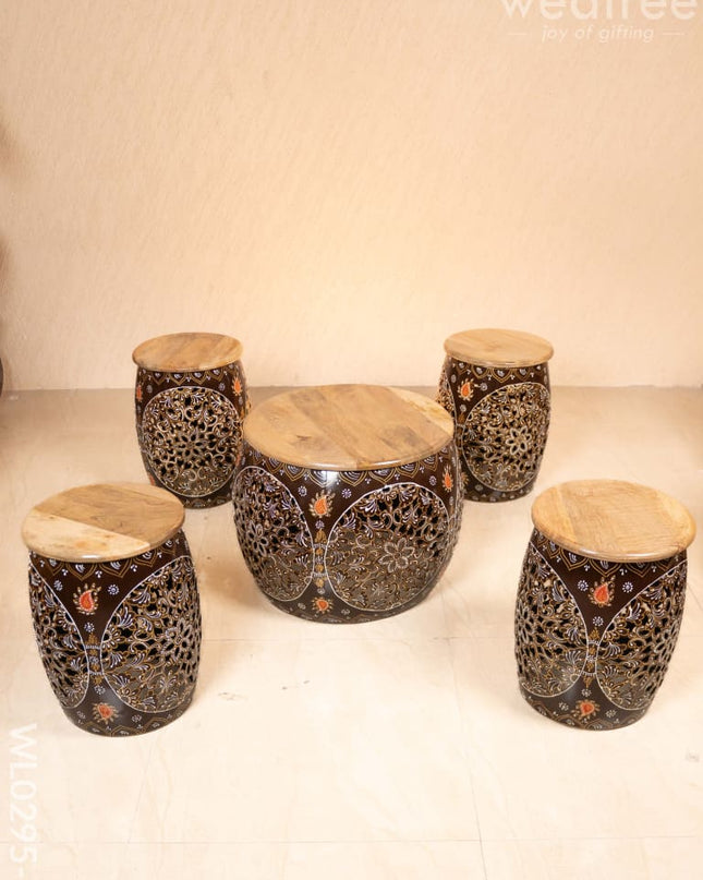 Coffee centre table with 4 side stools (Hand painted with Jhaali cutting) - Brown - WL0295-5 Wooden Stools
