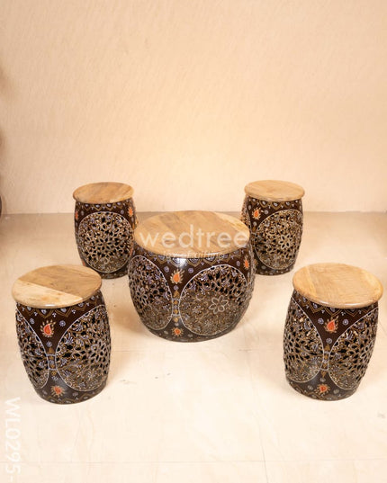 Coffee centre table with 4 side stools (Hand painted with Jhaali cutting) - Brown - WL0295-5 Wooden Stools
