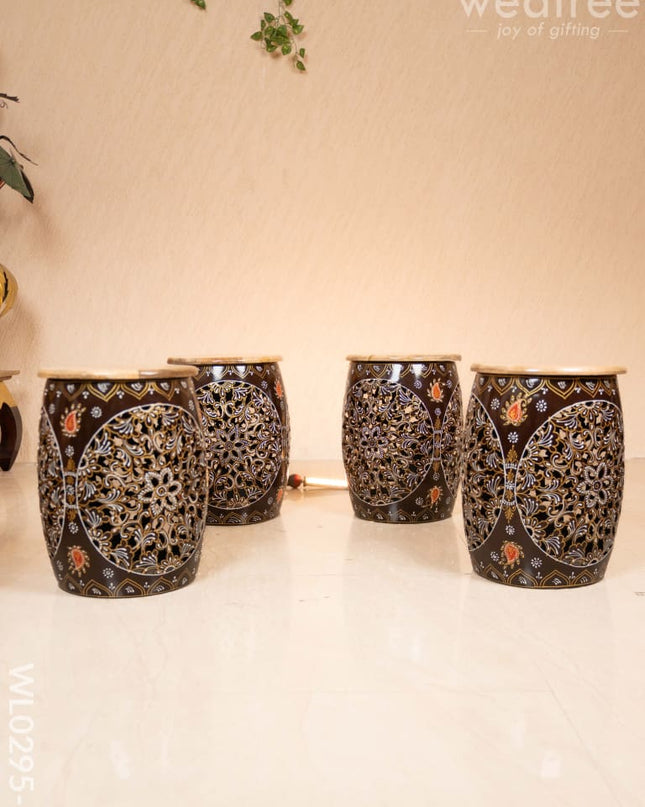 Coffee centre table with 4 side stools (Hand painted with Jhaali cutting) - Brown - WL0295-5 Wooden Stools