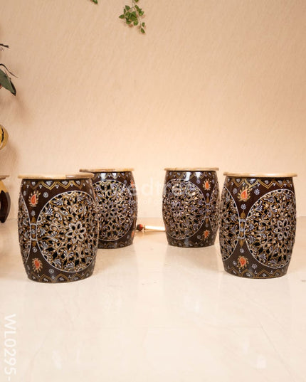 Coffee centre table with 4 side stools (Hand painted with Jhaali cutting) - Brown - WL0295-5 Wooden Stools