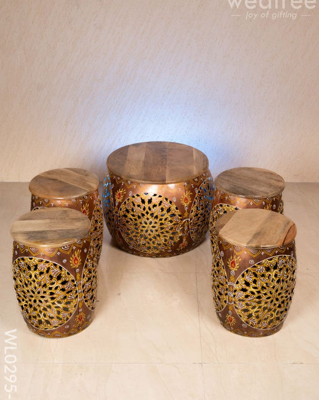 Coffee centre table with 4 side stools (Hand painted with Jhaali cutting) - Copper - WL0295-3 Wooden Stools