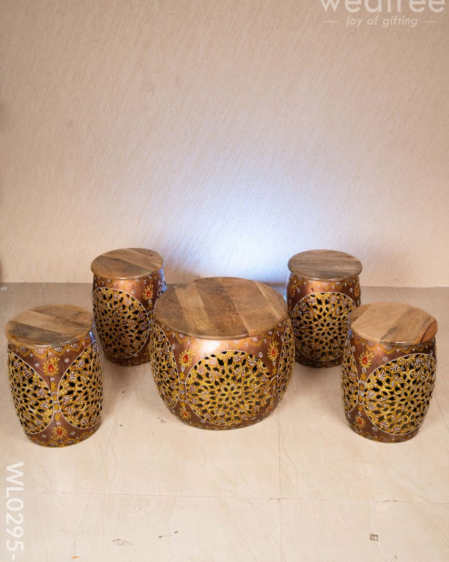 Coffee centre table with 4 side stools (Hand painted with Jhaali cutting) - Copper - WL0295-3 Wooden Stools