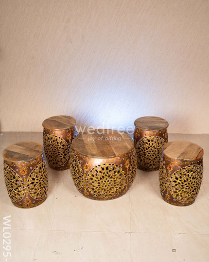 Coffee centre table with 4 side stools (Hand painted with Jhaali cutting) - Copper - WL0295-3 Wooden Stools