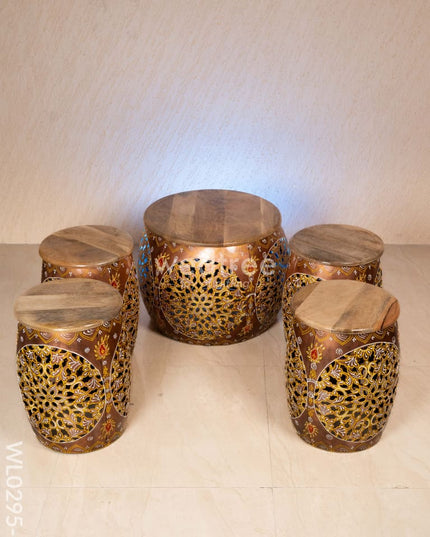 Coffee centre table with 4 side stools (Hand painted with Jhaali cutting) - Copper - WL0295-3 Wooden Stools