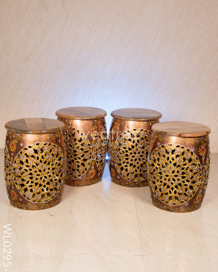 Coffee centre table with 4 side stools (Hand painted with Jhaali cutting) - Copper - WL0295-3 Wooden Stools