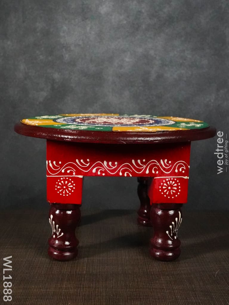 Colourful Rangoli Pooja Stool - 10 Inches Round Wl1888 Wooden Stools