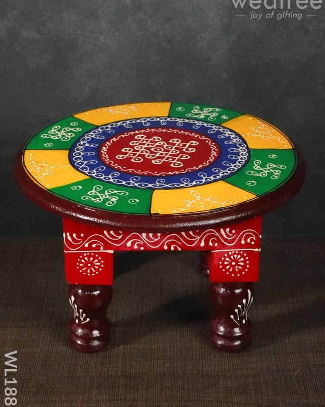 Colourful Rangoli Pooja Stool - 10 Inches Round Wl1888 Wooden Stools