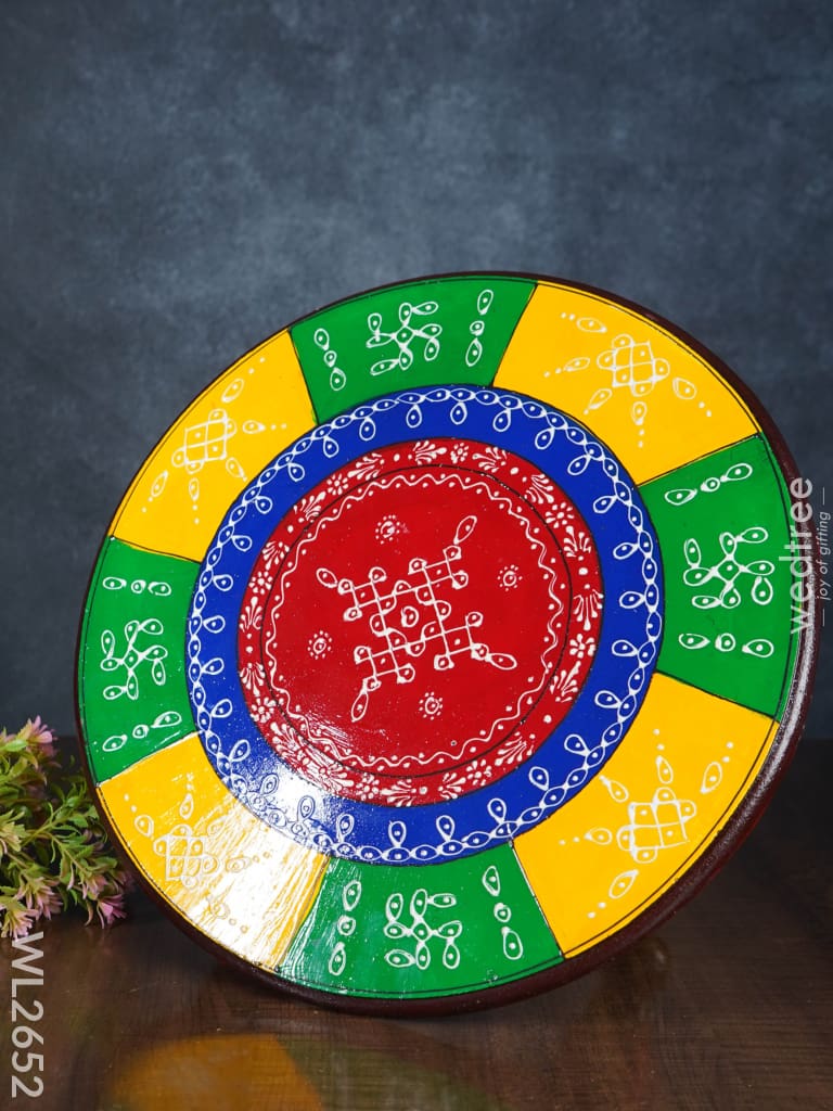 Colourful Rangoli Pooja Stool - 15 Inches Round Wl2652 Wooden Stools