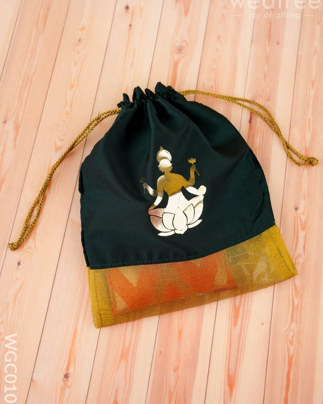 Combo: Designer Haldi Purse Lakshmi Fridge Magnet with Lakshmi String Bag - WGC0105 - Return Gift Combos
