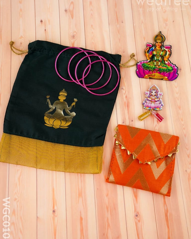 Combo: Designer Haldi Purse Lakshmi Fridge Magnet with Lakshmi String Bag - WGC0105 - Return Gift Combos