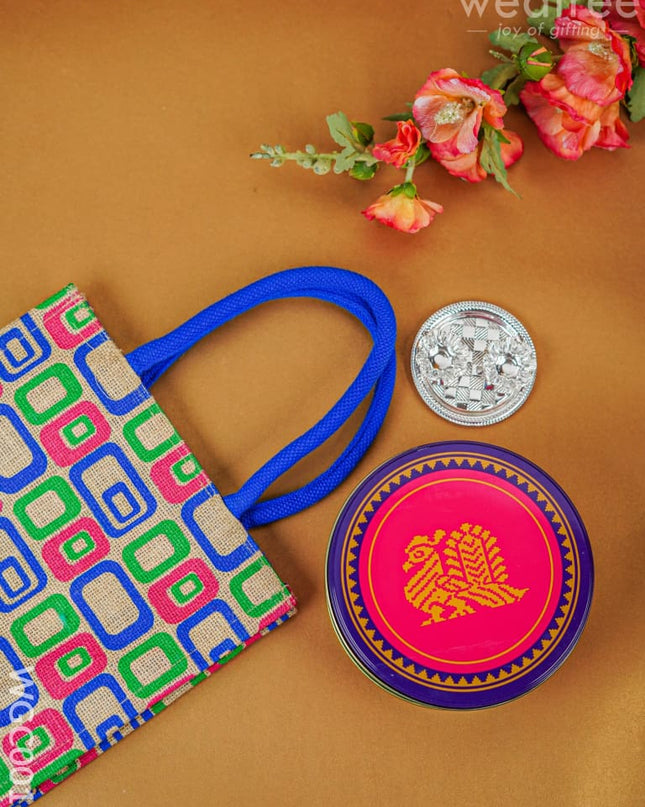Combo - Kanjivaram Box With 2 Cup Kumkum Holder In Jute Bag Wgc0012 Return Gift Combos