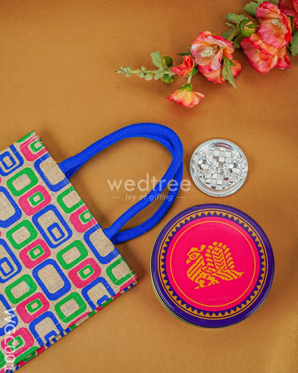 Combo - Kanjivaram Box With 2 Cup Kumkum Holder In Jute Bag Wgc0012 Return Gift Combos