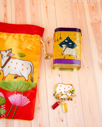 Combo: Pichwai Tin Haldi Kumkum with Pichwai String Bag - WGC0104 - Return Gift Combos