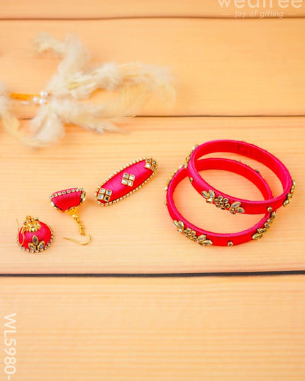 Combo - Silk Thread Bangles Saree Pin & Earrings - 2.6 inch - WL5980-1 - Bangles & Bracelets