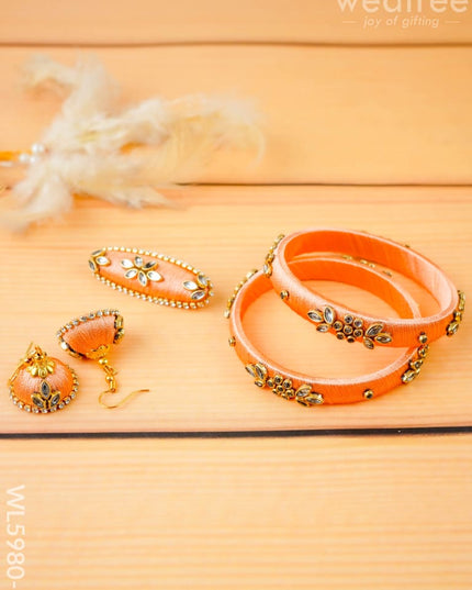 Combo - Silk Thread Bangles Saree Pin & Earrings - 2.6 inch - WL5980-1 - Bangles & Bracelets