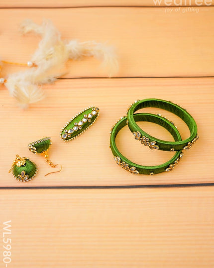 Combo - Silk Thread Bangles Saree Pin & Earrings - 2.6 inch - WL5980-1 - Bangles & Bracelets