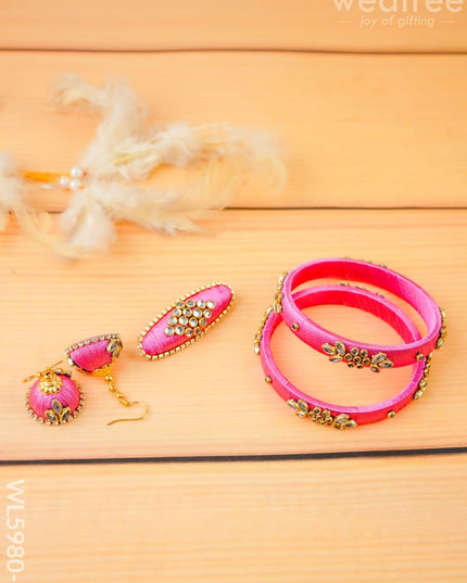 Combo - Silk Thread Bangles Saree Pin & Earrings - 2.6 inch - WL5980-1 - Bangles & Bracelets