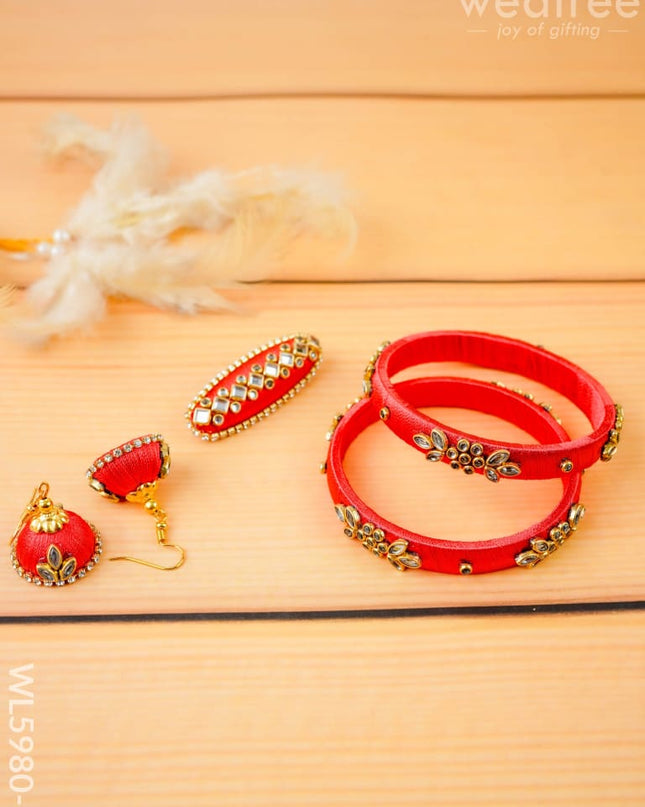 Combo - Silk Thread Bangles Saree Pin & Earrings - 2.6 inch - WL5980-1 - Bangles & Bracelets