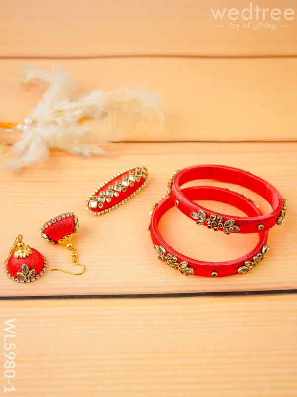 Combo - Silk Thread Bangles Saree Pin & Earrings - 2.6 inch - WL5980-1 - Bangles & Bracelets