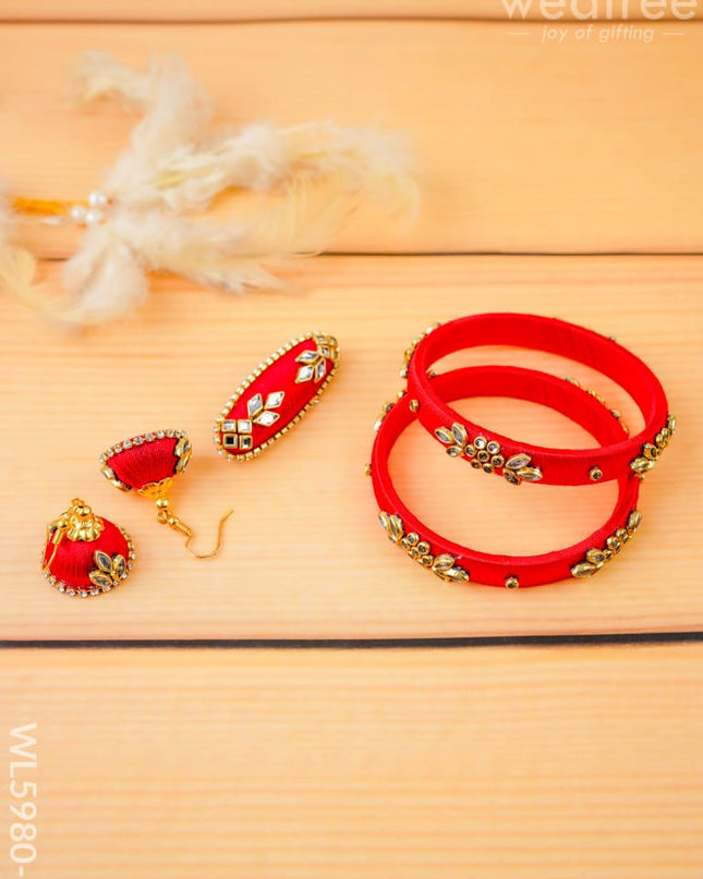 Combo - Silk Thread Bangles Saree Pin & Earrings - 2.6 inch - WL5980-1 - Bangles & Bracelets
