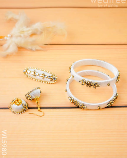 Combo - Silk Thread Bangles Saree Pin & Earrings - 2.6 inch - WL5980-1 - Bangles & Bracelets