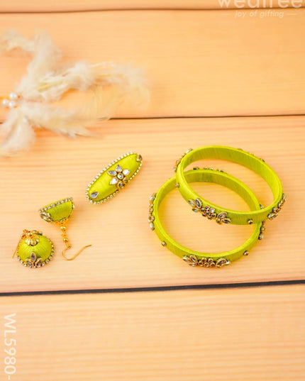 Combo - Silk Thread Bangles Saree Pin & Earrings - 2.6 inch - WL5980-1 - Bangles & Bracelets