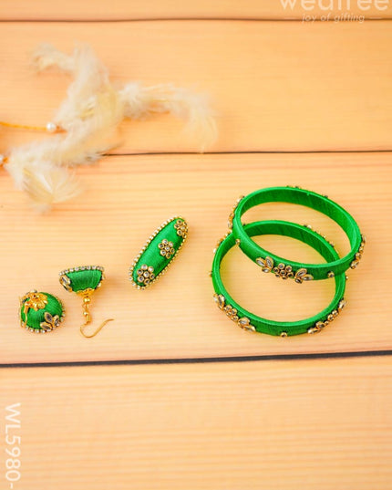 Combo - Silk Thread Bangles Saree Pin & Earrings - 2.6 inch - WL5980-1 - Bangles & Bracelets
