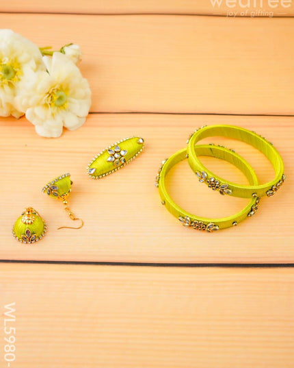 Combo - Silk Thread Bangles Saree Pin & Earrings - 2.8 inch - WL5980-2 - Bangles & Bracelets
