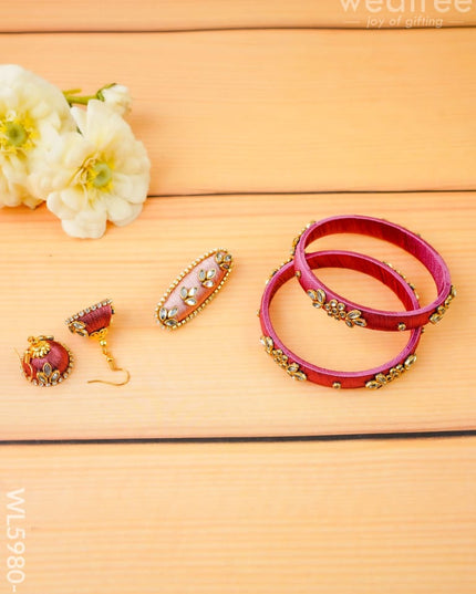 Combo - Silk Thread Bangles Saree Pin & Earrings - 2.8 inch - WL5980-2 - Bangles & Bracelets
