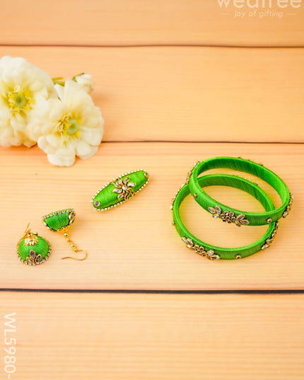 Combo - Silk Thread Bangles Saree Pin & Earrings - 2.8 inch - WL5980-2 - Bangles & Bracelets