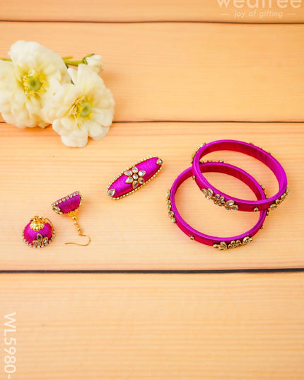Combo - Silk Thread Bangles Saree Pin & Earrings - 2.8 inch - WL5980-2 - Bangles & Bracelets