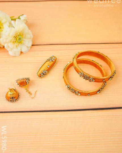 Combo - Silk Thread Bangles Saree Pin & Earrings - 2.8 inch - WL5980-2 - Bangles & Bracelets
