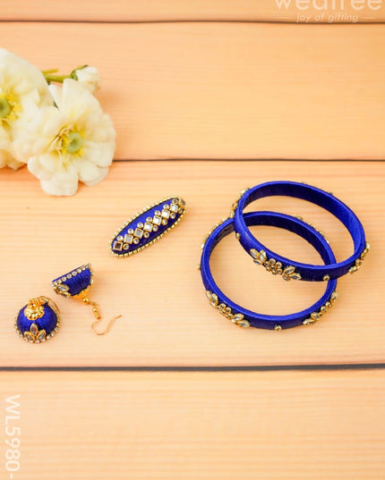 Combo - Silk Thread Bangles Saree Pin & Earrings - 2.8 inch - WL5980-2 - Bangles & Bracelets