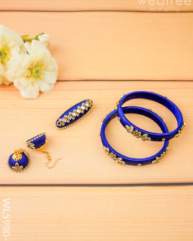 Combo - Silk Thread Bangles Saree Pin & Earrings - 2.8 inch - WL5980-2 - Bangles & Bracelets