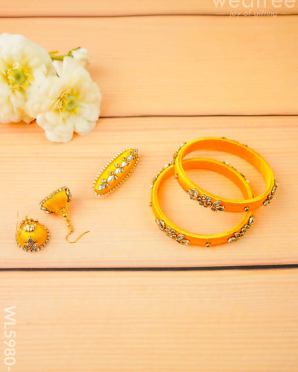 Combo - Silk Thread Bangles Saree Pin & Earrings - 2.8 inch - WL5980-2 - Bangles & Bracelets