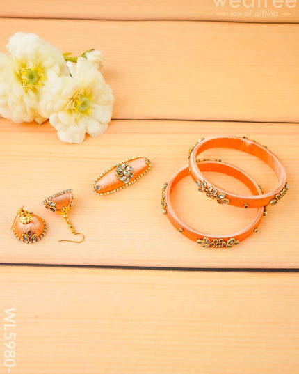 Combo - Silk Thread Bangles Saree Pin & Earrings - 2.8 inch - WL5980-2 - Bangles & Bracelets