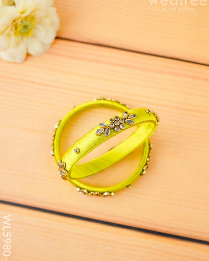 Combo - Silk Thread Bangles Saree Pin & Earrings - 2.8 inch - WL5980-2 - Bangles & Bracelets