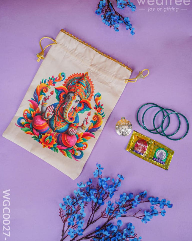 Return Gift Combo With String Bag & Zinc Alloy Kumkum Holder - Wgc0027 Ganesha Combos