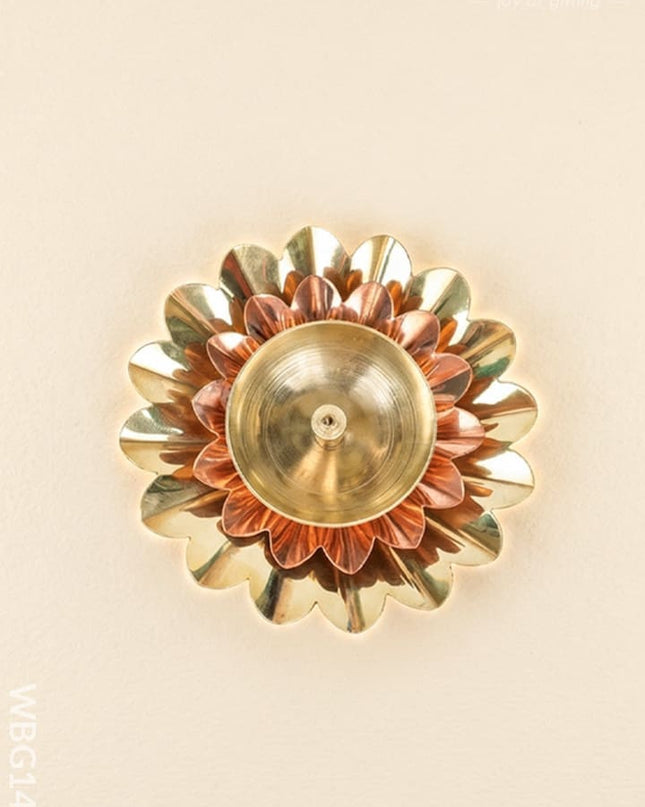 Copper & Brass Double Flower Diya - WBG1447 - Brass Diya RG
