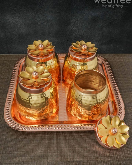 Copper Coated Plate With 4 Brass Dry Fruit Box - Wl0044 Utility