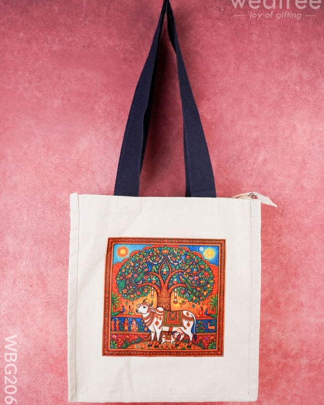 Cotton Kalpavriksha Tree with Cow Print Cloth Bag - 12x12 inch - WBG2062 - Cloth Bags