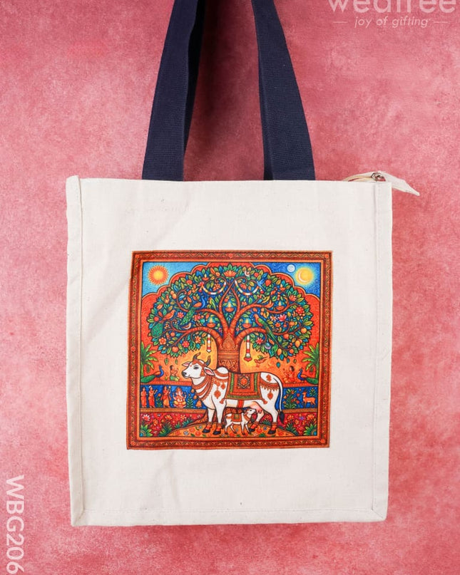 Cotton Kalpavriksha Tree with Cow Print Cloth Bag - 12x12 inch - WBG2062 - Cloth Bags
