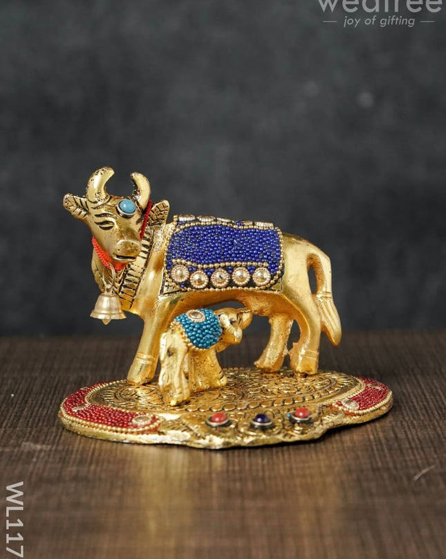 White Metal Cow And Calf With Stone Work - Wl1172