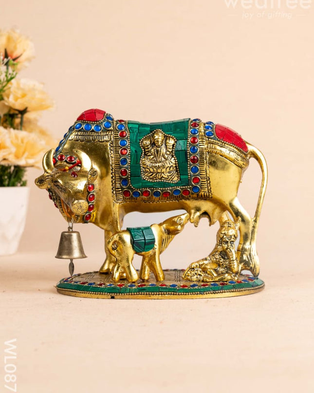 White Metal Cow and Calf with gold Finish - WL0875 White Metal
