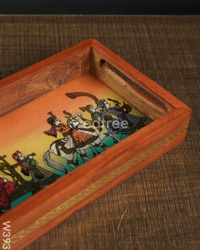 Dark Wood Hand Painted Tray 8 X 4 Inch - W3938 Trays & Plates