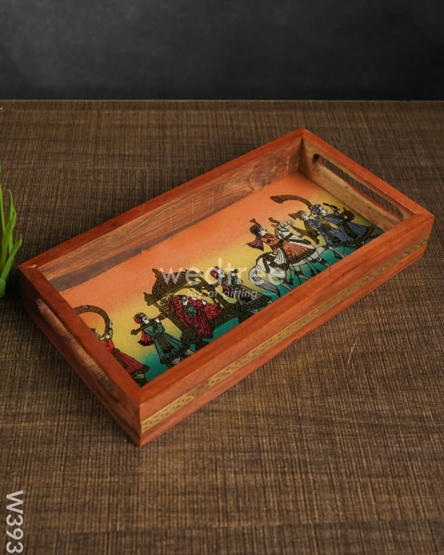 Dark Wood Hand Painted Tray 8 X 4 Inch - W3938 Trays & Plates