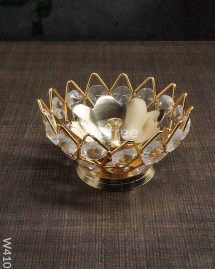 Decorative Bowl Shaped Crystal And Brass Flower Diya 2.2 Inch - W4103 Diyas