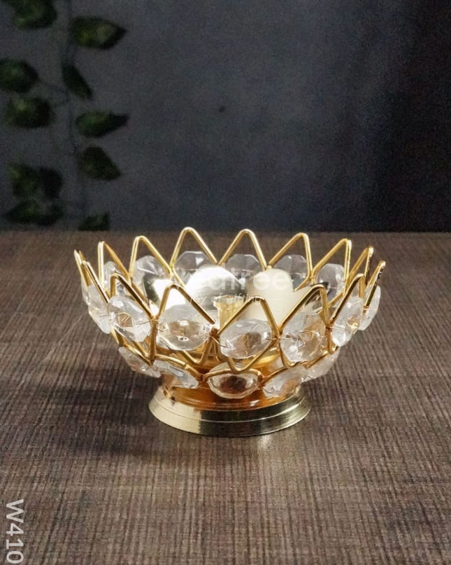 Decorative Bowl Shaped Crystal And Brass Flower Diya 2.2 Inch - W4103 Diyas