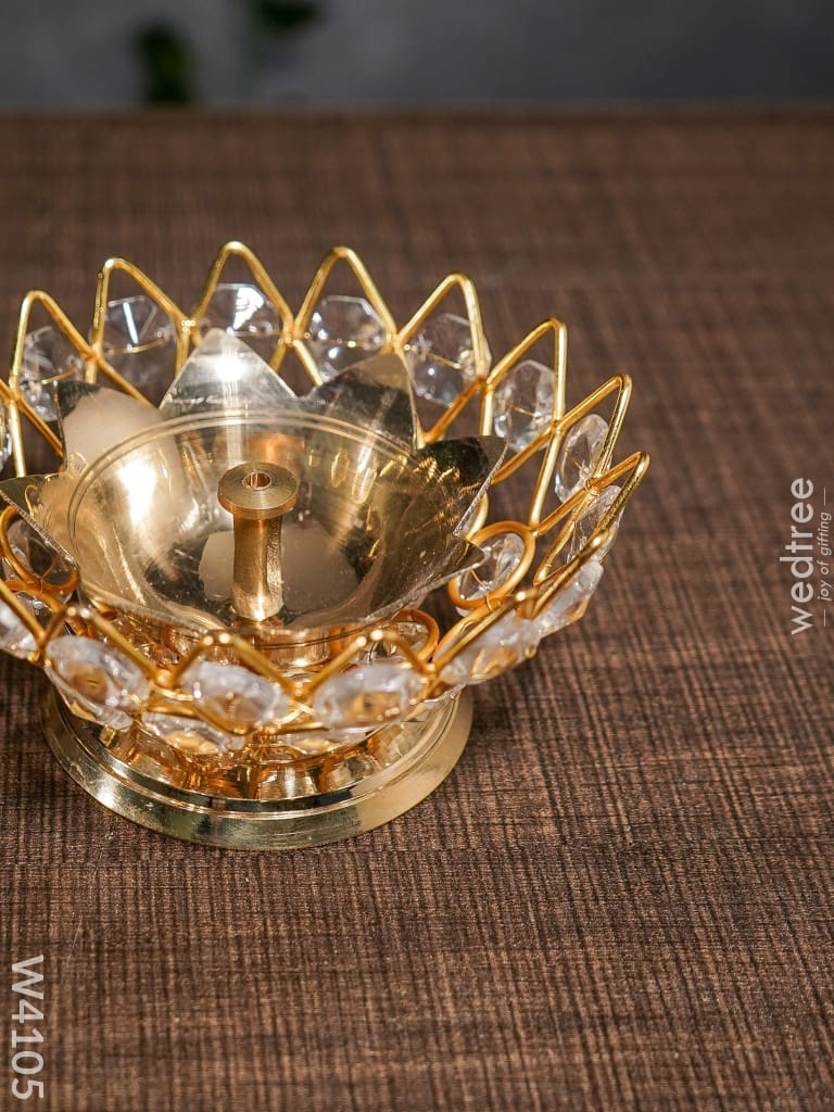 Decorative Bowl Shaped Crystal And Brass Flower Diya - W4105 Gifts