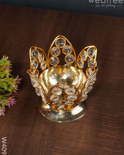 Decorative Lotus Shaped Crystal And Brass Diya 3 Inch - W4098 Gifts